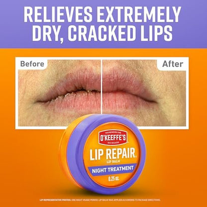 O'Keeffe's Lip Repair Night Treatment Lip Balm for Dry, Cracked Lips - 0.25 Ounce Jar (2 Pack) - Moisturizer for Extremely Cracked, Dry Lips