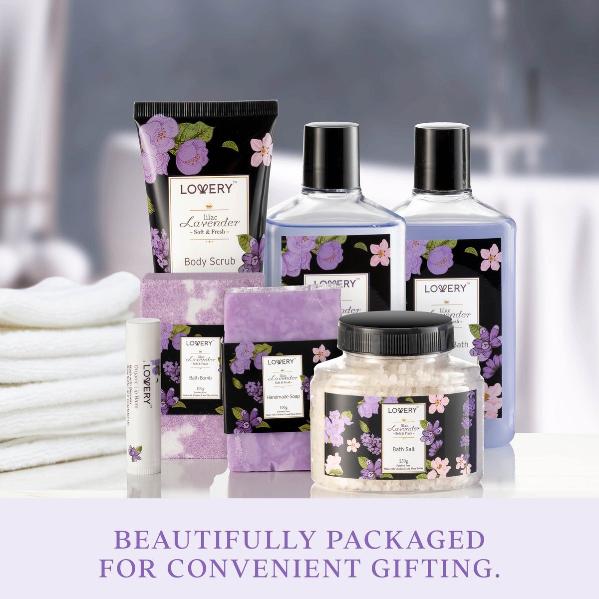 Lavender & Lilac Spa Gift Basket – 10 Piece Stress Relief Set for Mom, Handmade Soap, Bath Bomb, Organic Lip Balm & More | LOVERY Avelisse