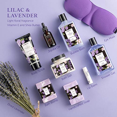 Lavender & Lilac Spa Gift Basket – 10 Piece Stress Relief Set for Mom, Handmade Soap, Bath Bomb, Organic Lip Balm & More | LOVERY Avelisse