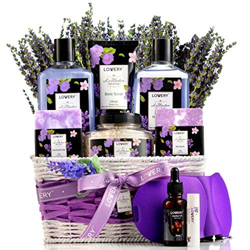 Lavender & Lilac Spa Gift Basket – 10 Piece Stress Relief Set for Mom, Handmade Soap, Bath Bomb, Organic Lip Balm & More | LOVERY Avelisse