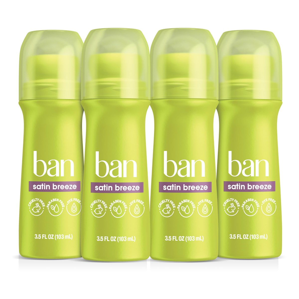 Ban Invisible Roll-on Antiperspirant Deodorant for Women and Men, 24-Hour Odor & Sweat Protection, Satin Breeze, 3.5 oz (Pack of 4) - görsel 1