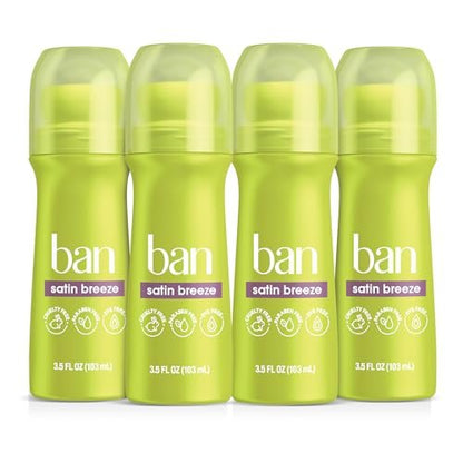 Ban Invisible Roll-on Antiperspirant Deodorant for Women and Men, 24-Hour Odor & Sweat Protection, Satin Breeze, 3.5 oz (Pack of 4)