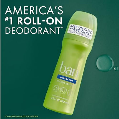 Ban Invisible Roll-on Antiperspirant Deodorant for Women and Men, 24-Hour Powder Fresh Scent, 3.5 Oz (Pack of 4) Avelisse