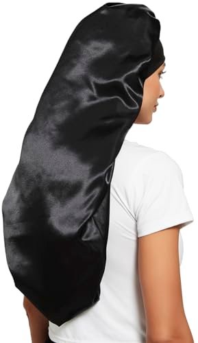Satin Braid Bonnet for Sleeping – Wide Elastic Band Hair Wrap for Women, Protects Curly & Long Hair, Black