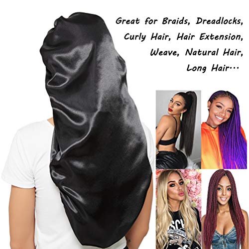 Satin Braid Bonnet for Sleeping – Wide Elastic Band Hair Wrap for Women, Protects Curly & Long Hair, Black - görsel 12
