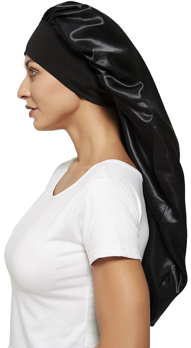 Satin Braid Bonnet for Sleeping – Wide Elastic Band Hair Wrap for Women, Protects Curly & Long Hair, Black - görsel 13