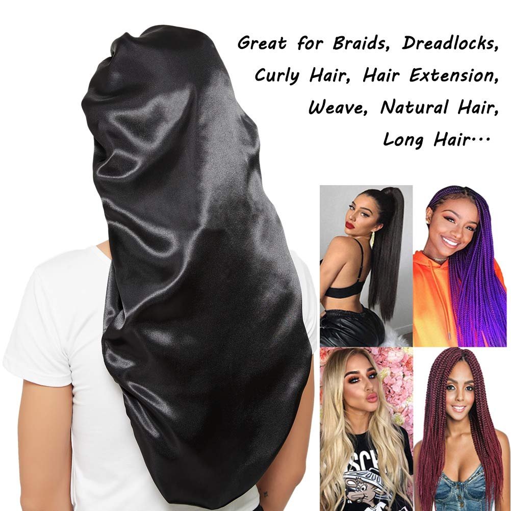 Satin Braid Bonnet for Sleeping – Wide Elastic Band Hair Wrap for Women, Protects Curly & Long Hair, Black - görsel 11