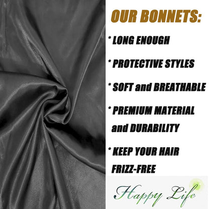 Satin Braid Bonnet for Sleeping – Wide Elastic Band Hair Wrap for Women, Protects Curly & Long Hair, Black