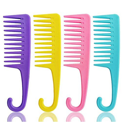 Ronchall 4-Pack Wide Tooth Detangling Combs for Wet & Dry Hair | Shower Comb with Hook | Salon-Grade Plastic | Multicolor