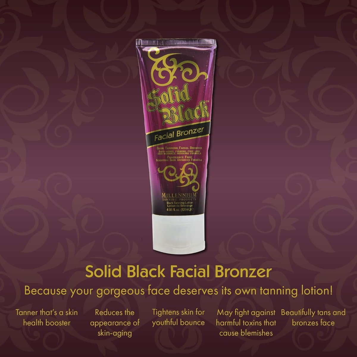Millennium Tanning Solid Black Facial Bronzer 4 oz – Advanced Skin-Firming Face Tanning Lotion with DHA, Anti-Aging, Oil-Free, Non-Comedogenic Avelisse
