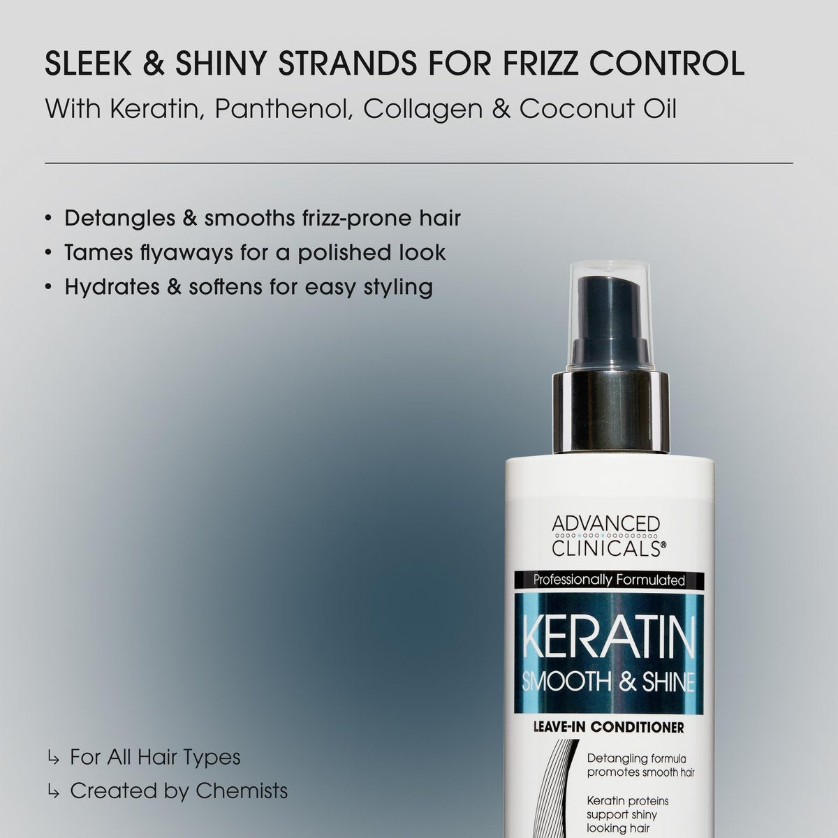 Advanced Clinicals Keratin Detangler Spray - Leave-In Conditioner with Amino Acids, Vitamin B5 & Olive Oil for Strong, Shiny Hair - 8 Fl Oz - görsel 3