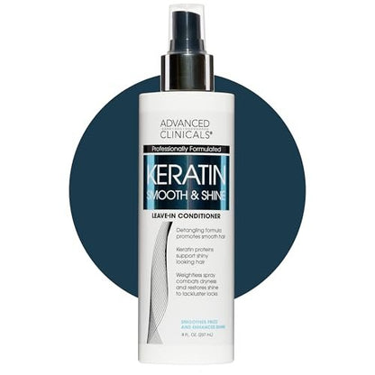 Advanced Clinicals Keratin Detangler Spray - Leave-In Conditioner with Amino Acids, Vitamin B5 & Olive Oil for Strong, Shiny Hair - 8 Fl Oz
