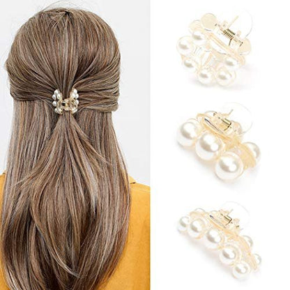 Brinie Hair Claw Clamps Champagne Pearl Hair Barrettes Medium Small Non Slip Clips for Women and Girls (3 Pack)