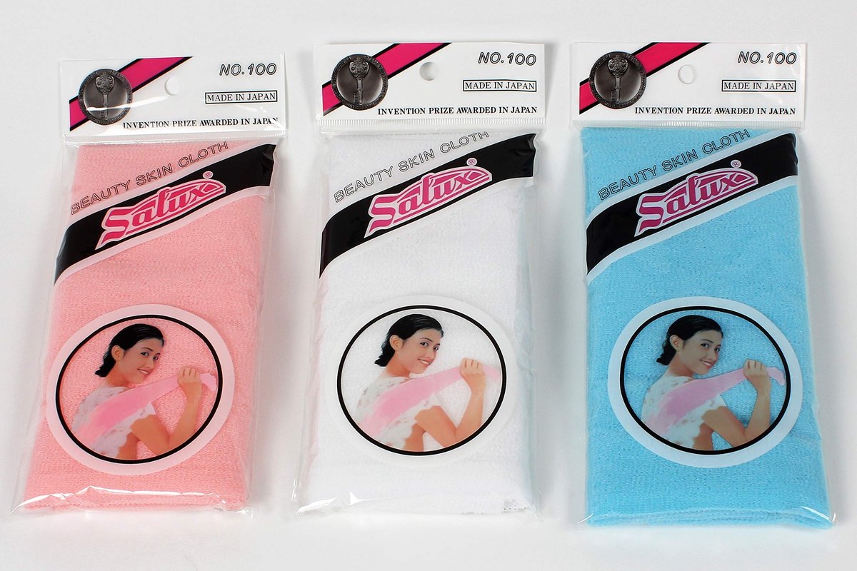 SALUX Nylon Japanese Beauty Skin Bath Wash Cloth/Towel - 3 Pack (Peach, White, Blue) Avelisse