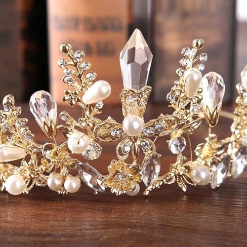 Bmirth Baroque Crowns and Tiaras Gold Crystal Wedding Queen Crowns Bride Pearl Rhinestone Princess Crown for Women and Girls - görsel 6