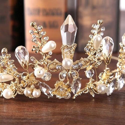 Bmirth Baroque Crowns and Tiaras Gold Crystal Wedding Queen Crowns Bride Pearl Rhinestone Princess Crown for Women and Girls