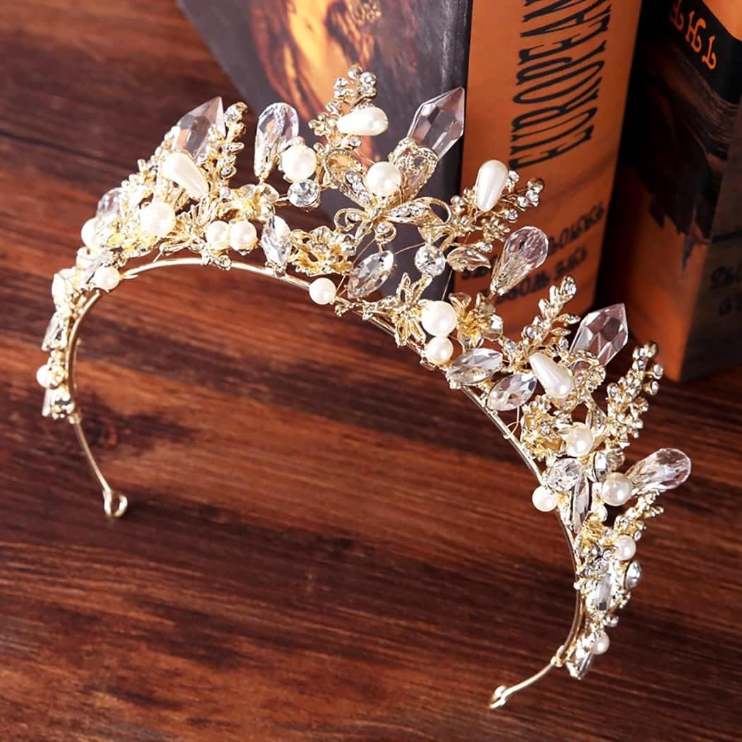 Bmirth Baroque Crowns and Tiaras Gold Crystal Wedding Queen Crowns Bride Pearl Rhinestone Princess Crown for Women and Girls - görsel 3