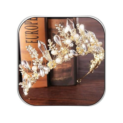 Bmirth Baroque Crowns and Tiaras Gold Crystal Wedding Queen Crowns Bride Pearl Rhinestone Princess Crown for Women and Girls