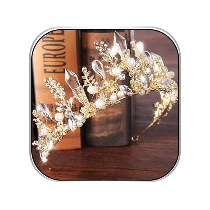 Bmirth Baroque Crowns and Tiaras Gold Crystal Wedding Queen Crowns Bride Pearl Rhinestone Princess Crown for Women and Girls