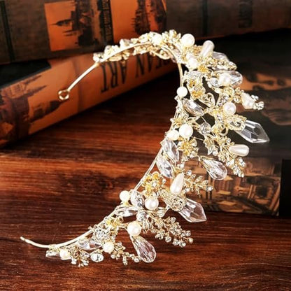 Bmirth Baroque Crowns and Tiaras Gold Crystal Wedding Queen Crowns Bride Pearl Rhinestone Princess Crown for Women and Girls