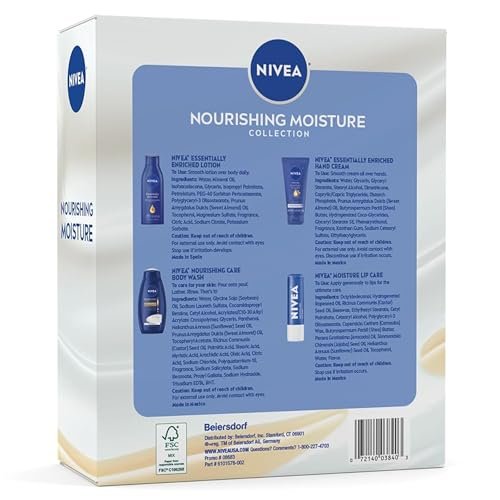 NIVEA Skin Care Set For Her - Nourishing Body Wash, Moisturizing Body Lotion, Lip Balm with Shea Butter, Hand Cream - 5 Piece Gift Set Avelisse