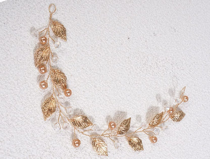 Sither Boho Bride Flower Girl Hair Vine - Gold Pearl Headband for Wedding & Prom