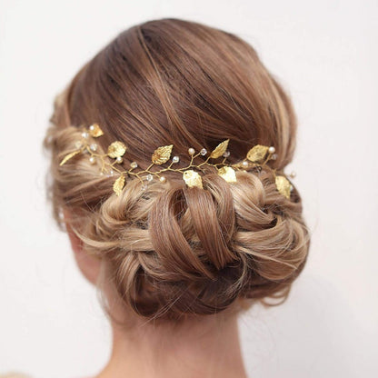 Sither Boho Bride Flower Girl Hair Vine - Gold Pearl Headband for Wedding & Prom