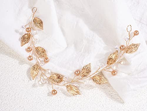 Sither Boho Bride Flower Girl Hair Vine - Gold Pearl Headband for Wedding & Prom - görsel 10