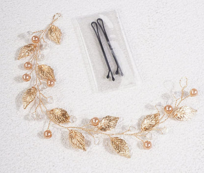 Sither Boho Bride Flower Girl Hair Vine - Gold Pearl Headband for Wedding & Prom