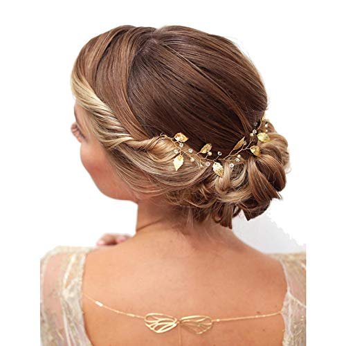 Sither Boho Bride Flower Girl Hair Vine - Gold Pearl Headband for Wedding & Prom - görsel 4