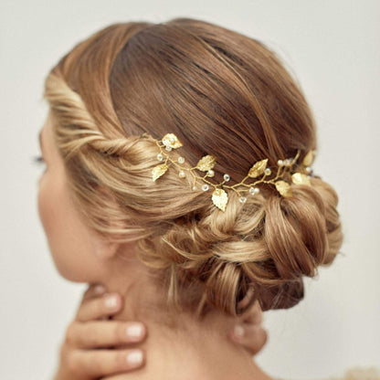 Sither Boho Bride Flower Girl Hair Vine - Gold Pearl Headband for Wedding & Prom