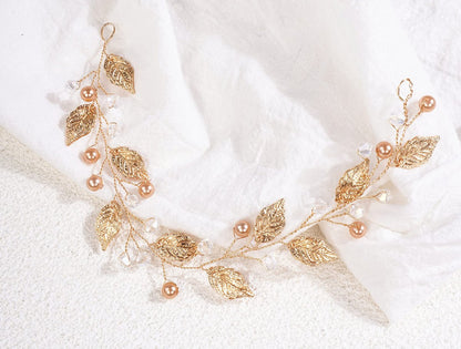 Sither Boho Bride Flower Girl Hair Vine - Gold Pearl Headband for Wedding & Prom