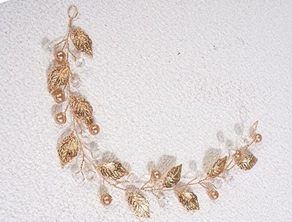 Sither Boho Bride Flower Girl Hair Vine - Gold Pearl Headband for Wedding & Prom