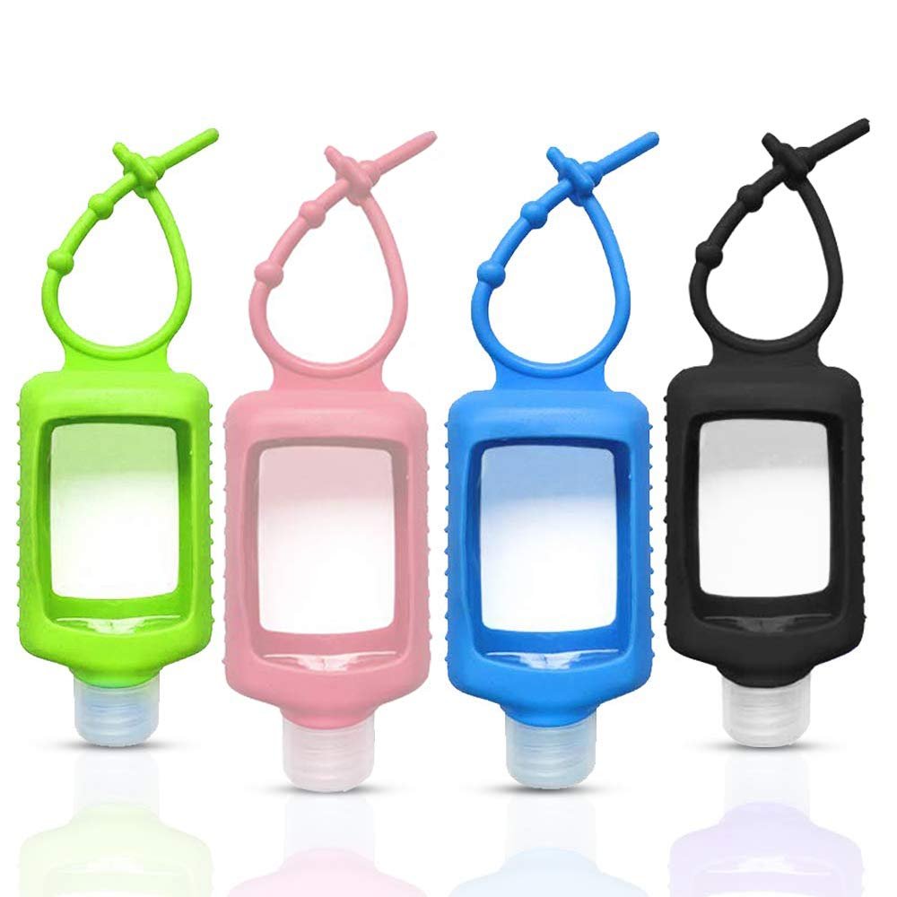 4 Pack Travel Size Clear Plastic Squeeze Bottles with Silicone Sleeve – Leakproof Refillable 60ml/2oz Containers with Flip Cap Keychain for Hand Sanitizer, Toiletries, Outdoor Adventures - görsel 1