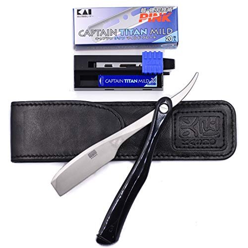 Kai Kasho Captain Japanese Professional Folding Straight Edge Barbering Razor with Leather Case – 20 Kai Captain Titan Blades Included – Compatible with Feather Artist Club Blades - görsel 2