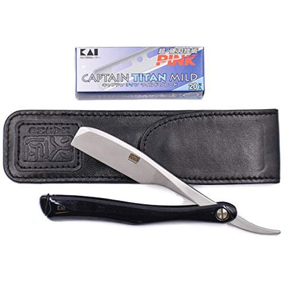 Kai Kasho Captain Japanese Professional Folding Straight Edge Barbering Razor with Leather Case – 20 Kai Captain Titan Blades Included – Compatible with Feather Artist Club Blades