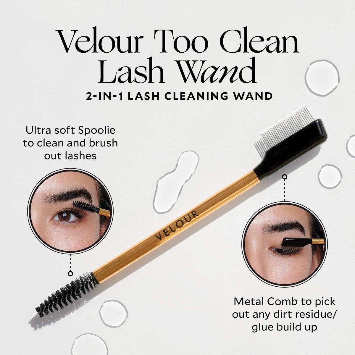 VELOUR Too Clean Lash Wand – 2-in-1 Eyelash Cleansing Brush for False Lashes & Extensions | Brow & Lash Brush | Gold | Full Size Avelisse
