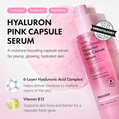 Hanskin Hyaluron Pink Capsule Serum – 6-Layer Hyaluronic Acid for Deep Hydration, Glass Skin Glow & Pink Radiance | Vitamin B12 Barrier Support, Moisturizing & Brightening Korean Serum | 1.69 fl oz