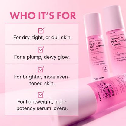 Hanskin Hyaluron Pink Capsule Serum – 6-Layer Hyaluronic Acid for Deep Hydration, Glass Skin Glow & Pink Radiance | Vitamin B12 Barrier Support, Moisturizing & Brightening Korean Serum | 1.69 fl oz