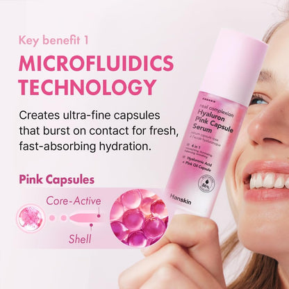 Hanskin Hyaluron Pink Capsule Serum – 6-Layer Hyaluronic Acid for Deep Hydration, Glass Skin Glow & Pink Radiance | Vitamin B12 Barrier Support, Moisturizing & Brightening Korean Serum | 1.69 fl oz