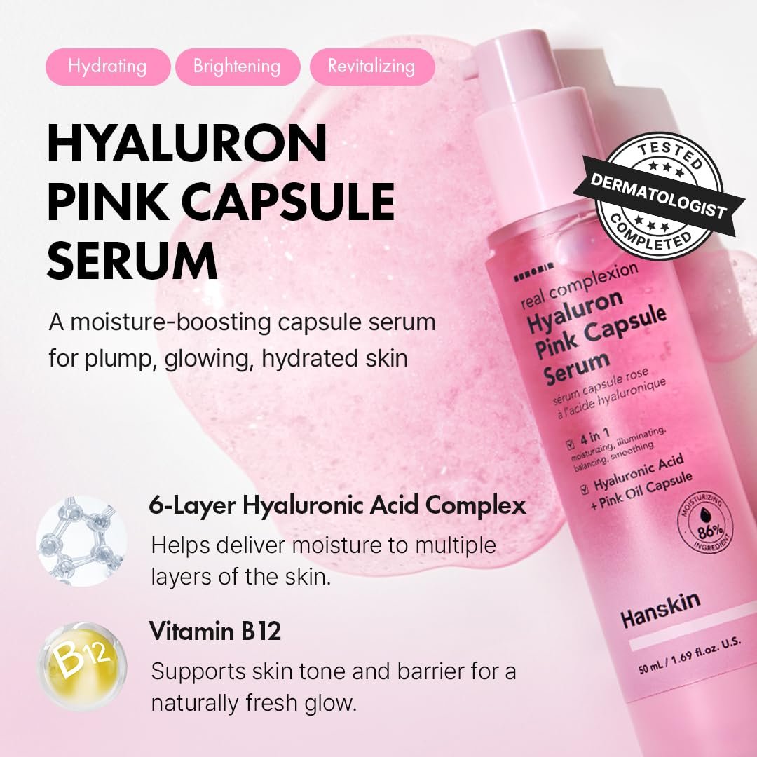 Hanskin Hyaluron Pink Capsule Serum – 6-Layer Hyaluronic Acid for Deep Hydration, Glass Skin Glow & Pink Radiance | Vitamin B12 Barrier Support, Moisturizing & Brightening Korean Serum | 1.69 fl oz - görsel 3