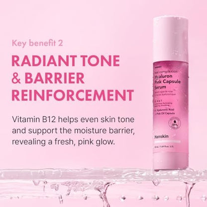 Hanskin Hyaluron Pink Capsule Serum – 6-Layer Hyaluronic Acid for Deep Hydration, Glass Skin Glow & Pink Radiance | Vitamin B12 Barrier Support, Moisturizing & Brightening Korean Serum | 1.69 fl oz
