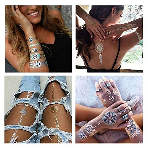 9 Sheets 110+ Metallic Temporary Tattoos for Women & Girls – Gold Silver Glitter Flash Waterproof Tattoo Stickers for Beach, Festivals & Parties - görsel 9