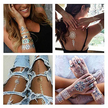 9 Sheets 110+ Metallic Temporary Tattoos for Women & Girls – Gold Silver Glitter Flash Waterproof Tattoo Stickers for Beach, Festivals & Parties