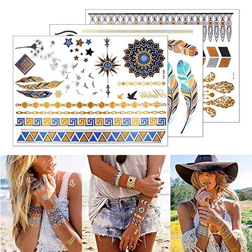 9 Sheets 110+ Metallic Temporary Tattoos for Women & Girls – Gold Silver Glitter Flash Waterproof Tattoo Stickers for Beach, Festivals & Parties - görsel 5