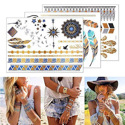 9 Sheets 110+ Metallic Temporary Tattoos for Women & Girls – Gold Silver Glitter Flash Waterproof Tattoo Stickers for Beach, Festivals & Parties
