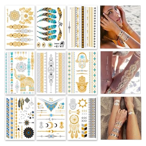 9 Sheets 110+ Metallic Temporary Tattoos for Women & Girls – Gold Silver Glitter Flash Waterproof Tattoo Stickers for Beach, Festivals & Parties - görsel 1