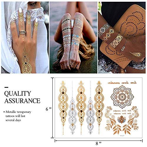 9 Sheets 110+ Metallic Temporary Tattoos for Women & Girls – Gold Silver Glitter Flash Waterproof Tattoo Stickers for Beach, Festivals & Parties - görsel 3