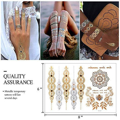 9 Sheets 110+ Metallic Temporary Tattoos for Women & Girls – Gold Silver Glitter Flash Waterproof Tattoo Stickers for Beach, Festivals & Parties