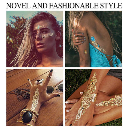 9 Sheets 110+ Metallic Temporary Tattoos for Women & Girls – Gold Silver Glitter Flash Waterproof Tattoo Stickers for Beach, Festivals & Parties